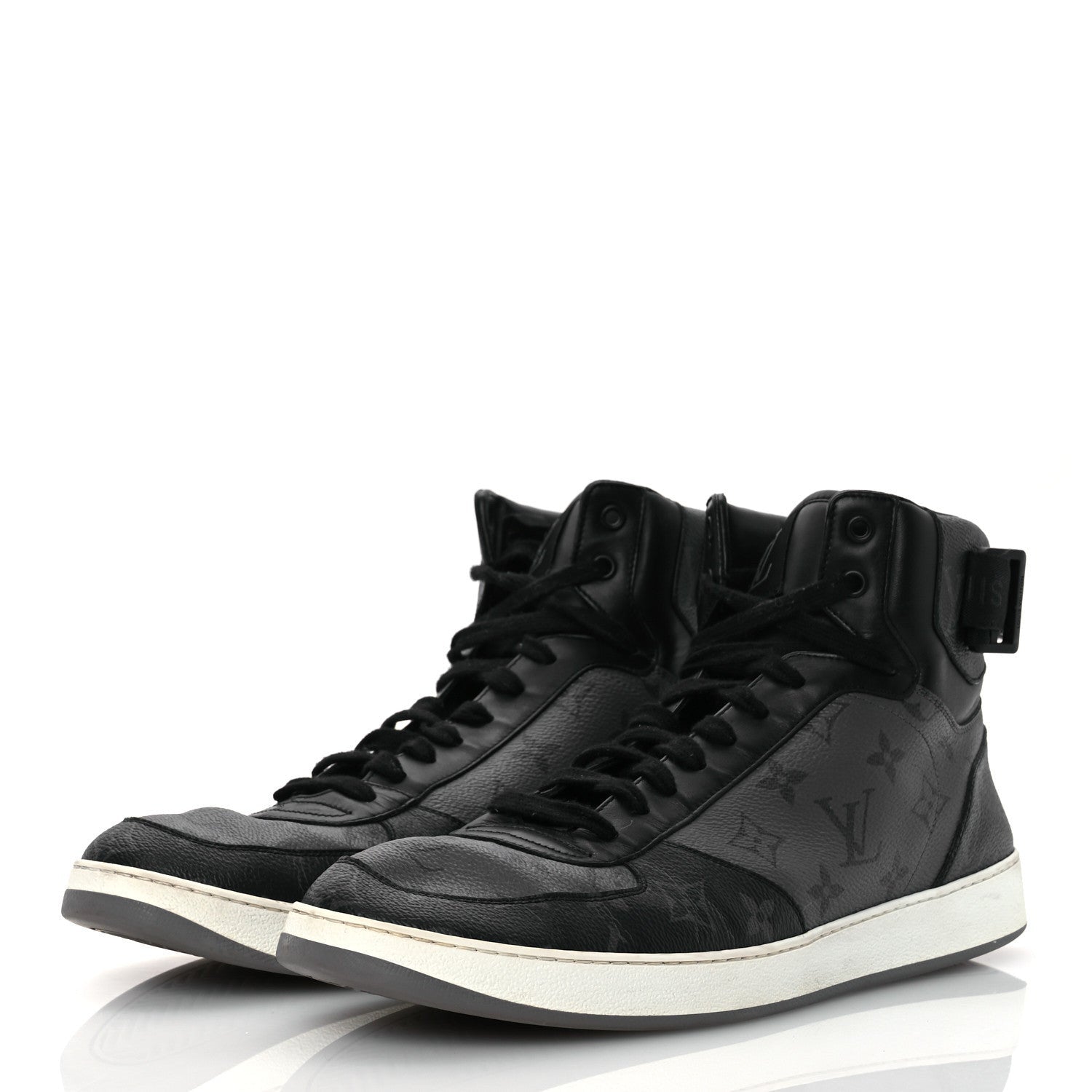 Louis Vuitton Calfskin Monogram Eclipse Mens Rivoli High Top Sneakers 10.5 Black Grey 3 of 7