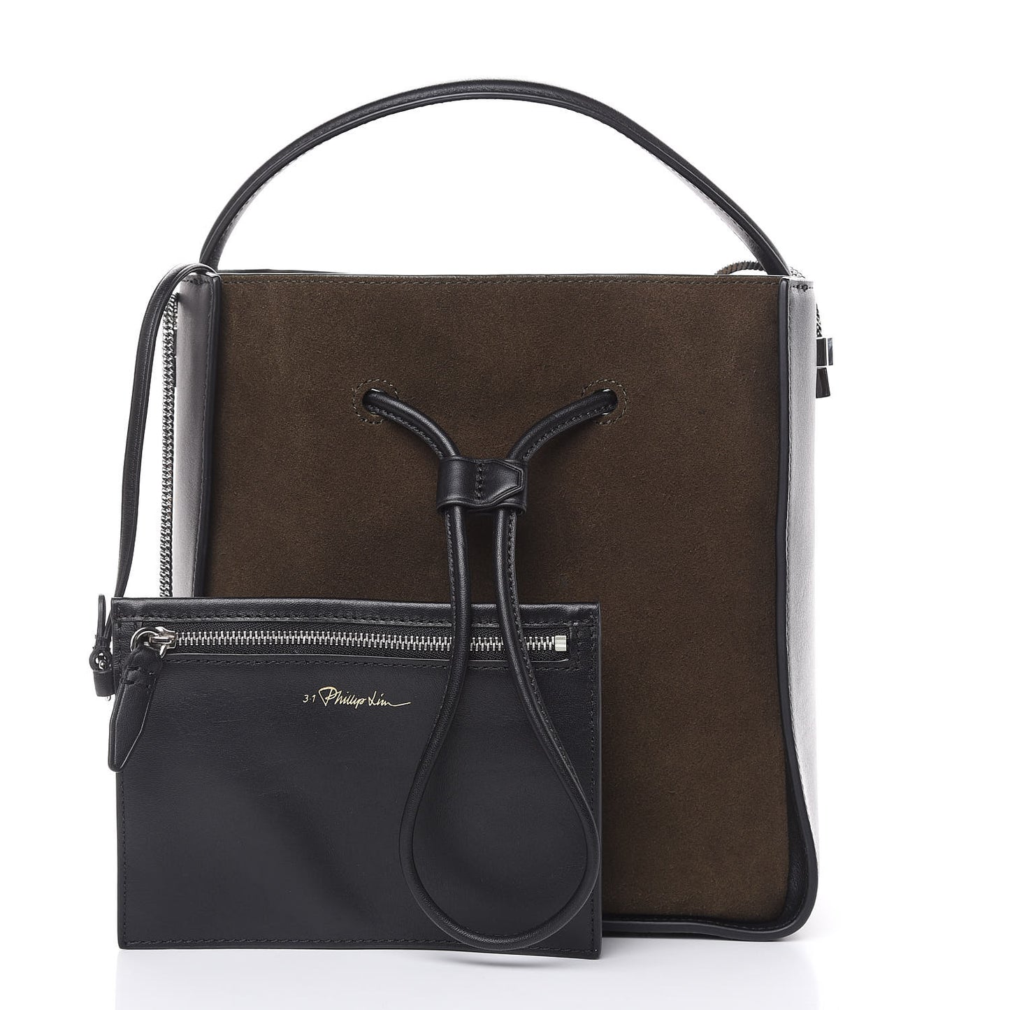 3.1 Smooth Calfskin Suede Bi-Color Small Soleil Bucket Drawstring Dark Moss Black