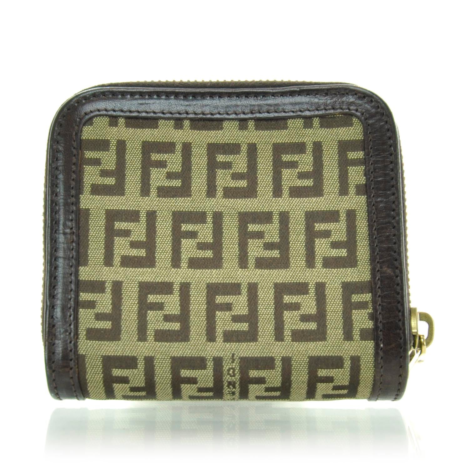 Fendi Zucchino Vitello Compact Zip Around Wallet Mogano Panna Bruciato 3 of 11