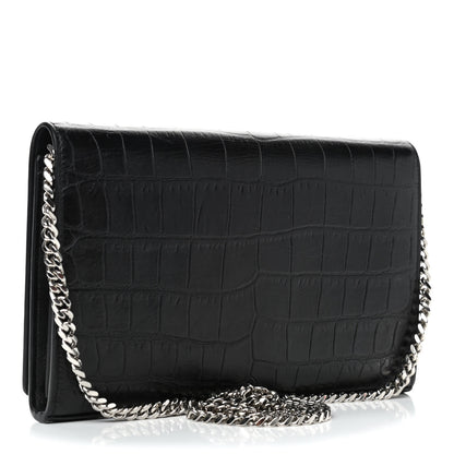 Saint Laurent Crocodile Embossed Calfskin Monogram Chain Wallet Black 2 of 4