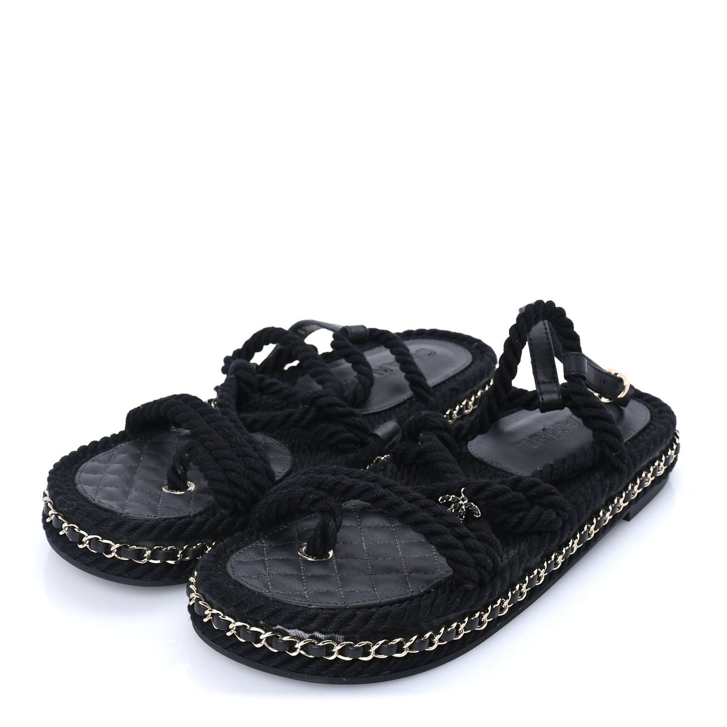 Lambskin Cord Chain CC Sandals 40 Black