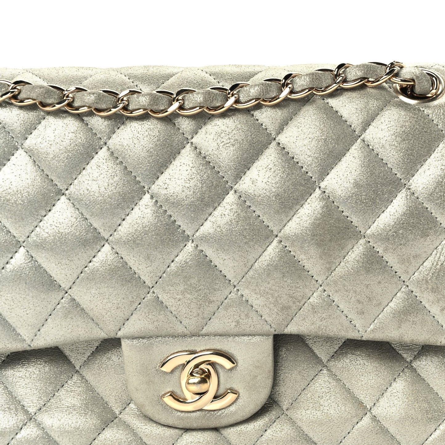 Iridescent Calfskin Quilted Medium Double Flap  Silver