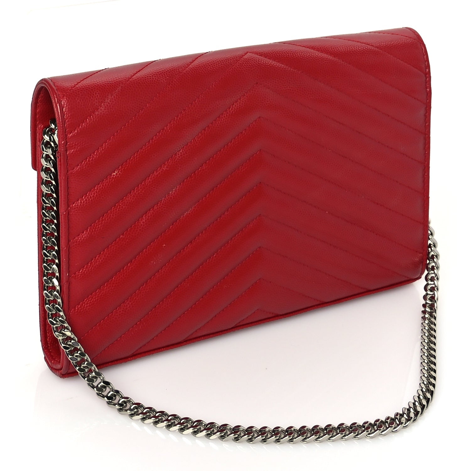 Saint Laurent Grain De Poudre Matelasse Chevron Monogram Chain Wallet New Red 2 of 9