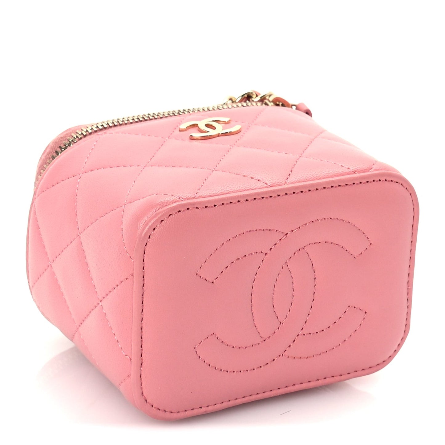 Lambskin Quilted Top Handle Mini Vanity Case With Chain Pink