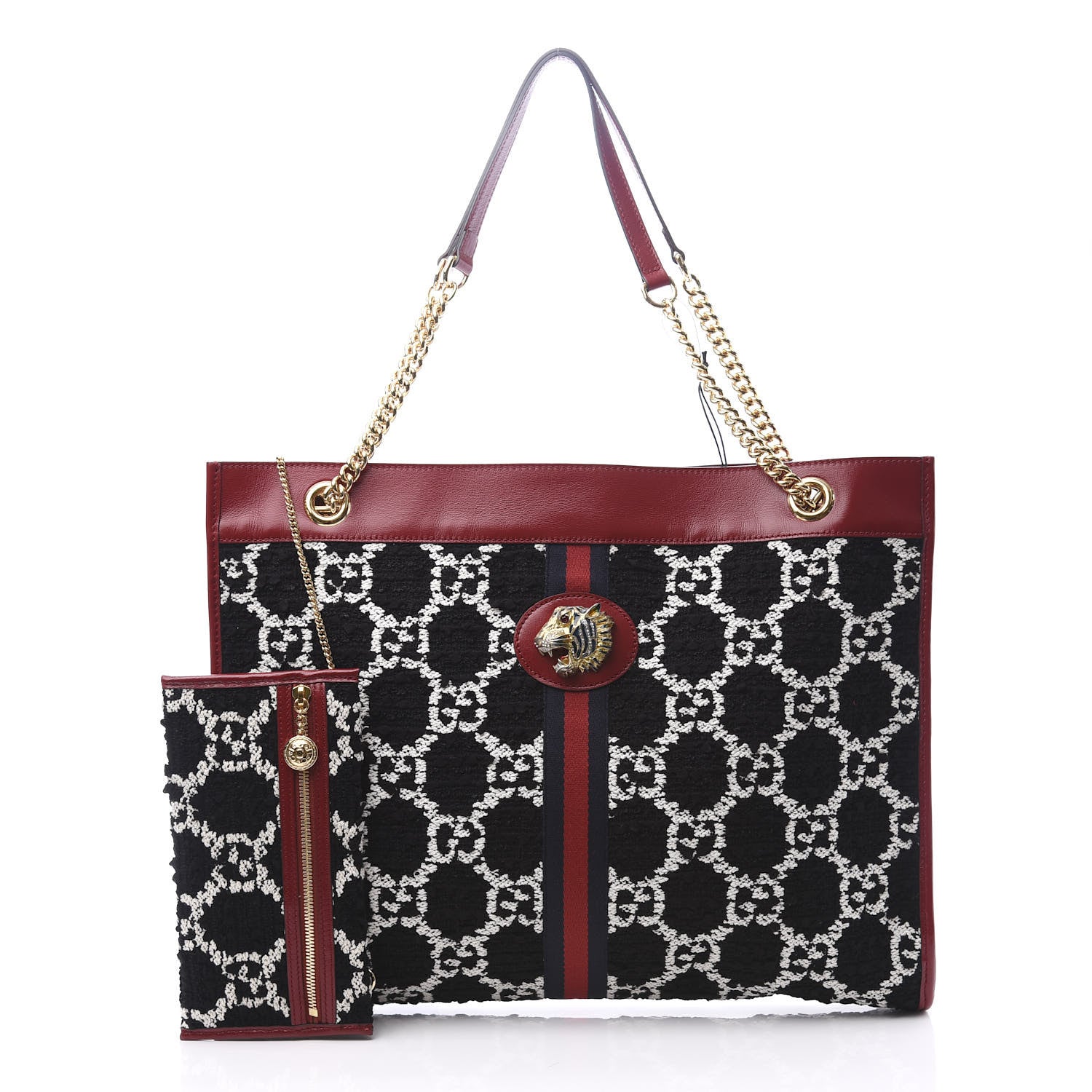 Gucci Tweed GG Monogram Large Rajah Chain Tote Romantic Cherry Black White 2 of 12