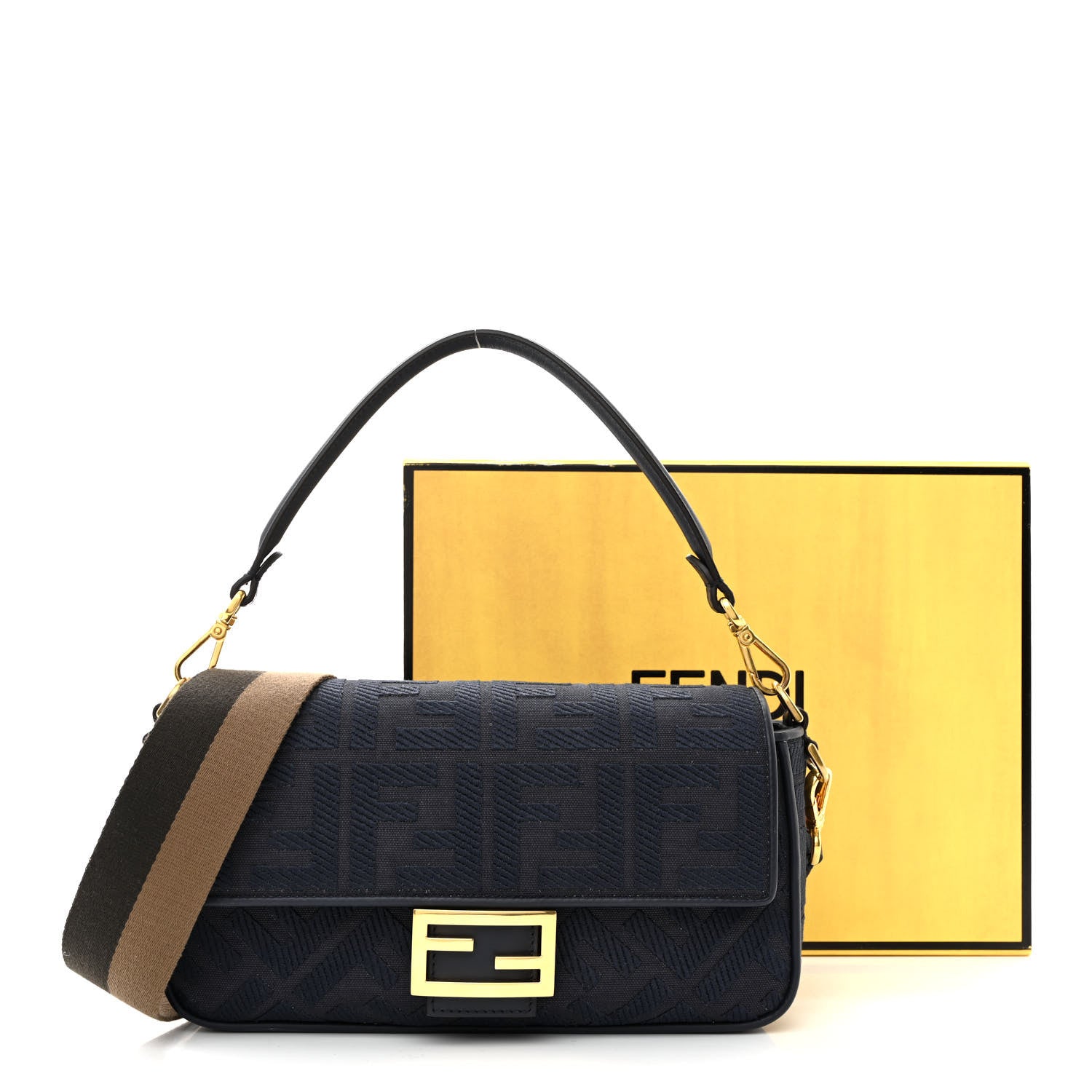 Fendi Canvas Vitello King Bi-Color Strap FF Embroidered Baguette Midnight 11 of 11