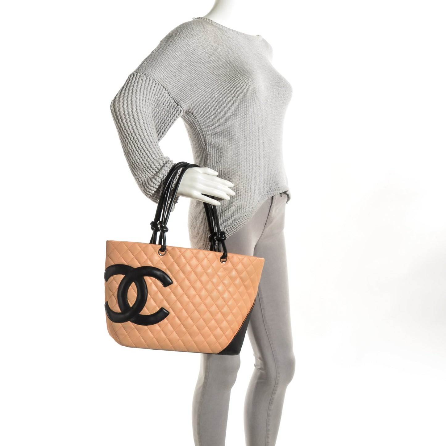 Calfskin Quilted Large Cambon Tote Beige Black