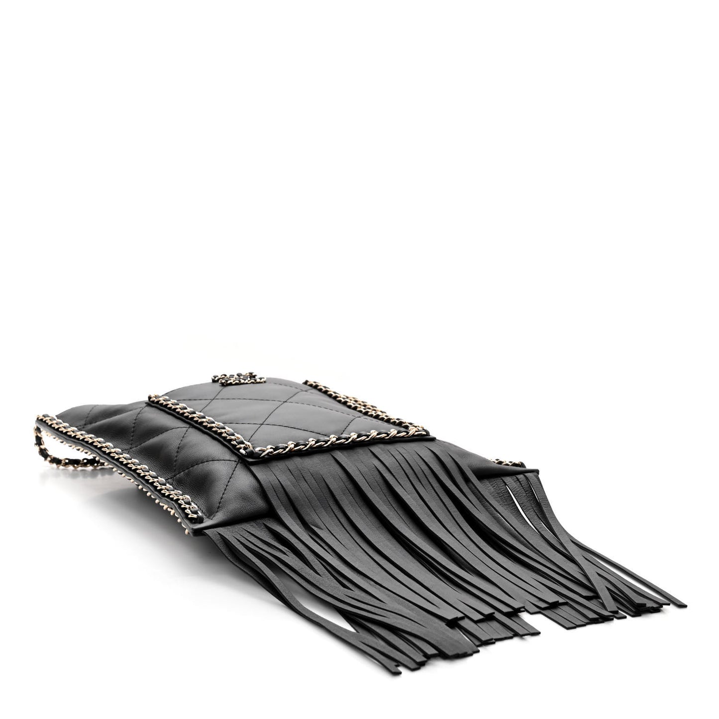 Calfskin Quilted Fringe Small Shopping Bag Black