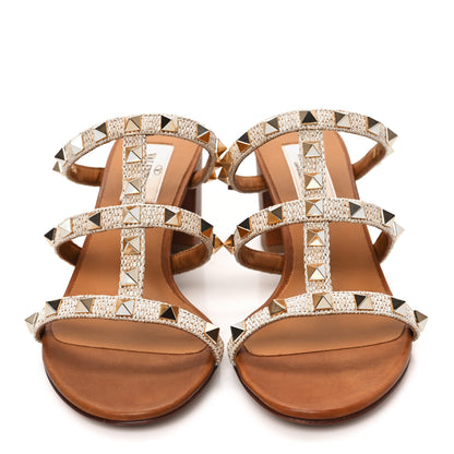 Valentino Garavani Raffia Calfskin Rockstud 60mm Caged Slide Sandals 36 Naturale 2 of 9