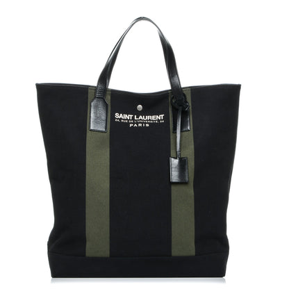 Saint Laurent Canvas Beach Shopping Tote Black Khaki 1 of 6