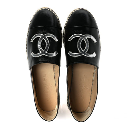 Chanel Patent Calfskin Metallic Goatskin CC Espadrilles 37 Black Silver 2 of 9