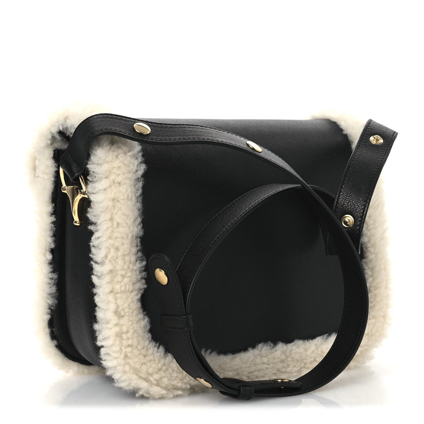 Sakai Be Green Calfskin Shearling Horsebit 1955 Shoulder Bag Black