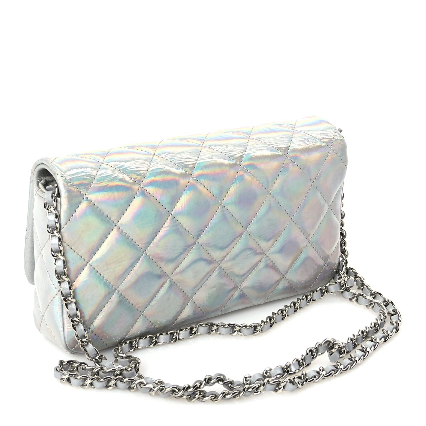 Iridescent Mirror Goatskin Quilted Clutch With Chain  Silver