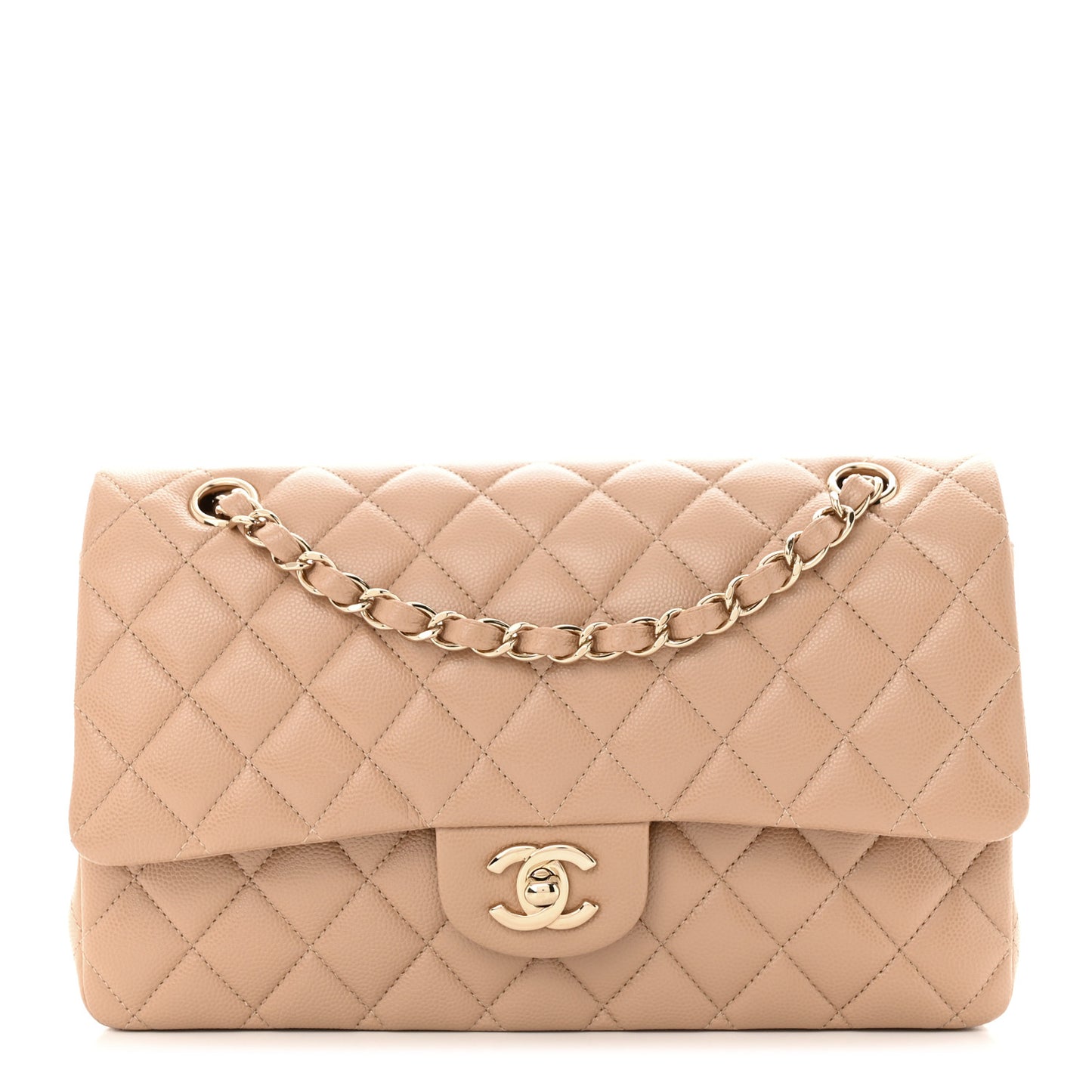 Caviar Quilted Medium Double Flap Beige