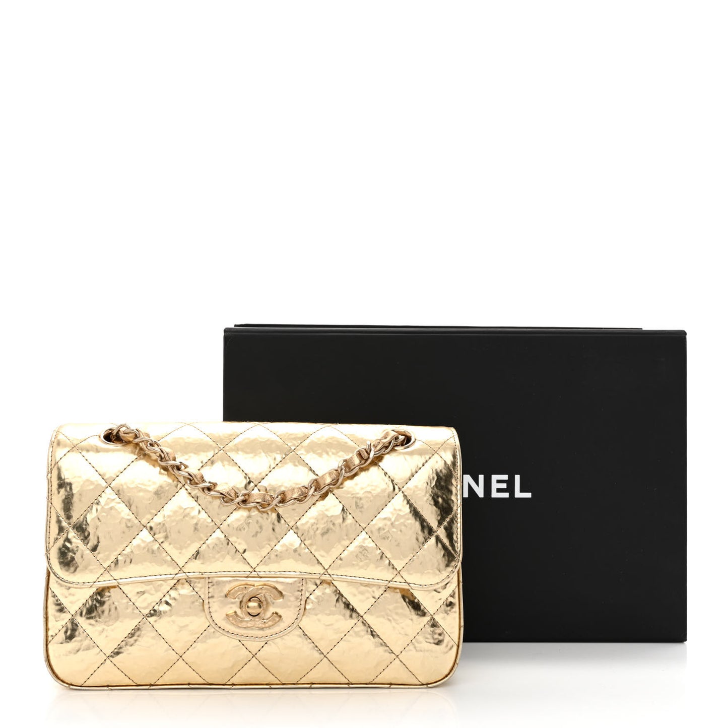Hammered Metallic Calfskin Quilted Small Double Flap Gold