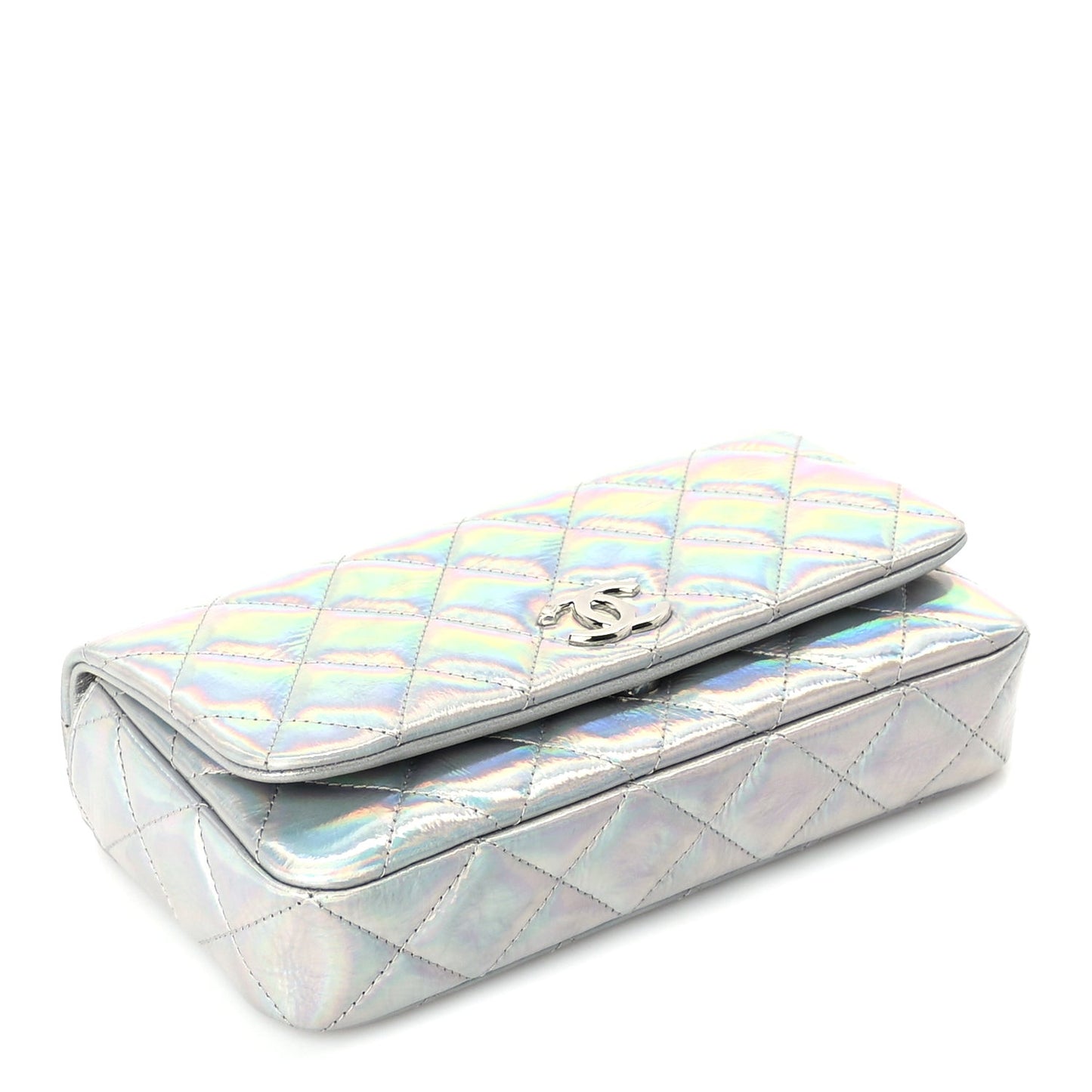 Iridescent Mirror Goatskin Quilted Clutch With Chain  Silver