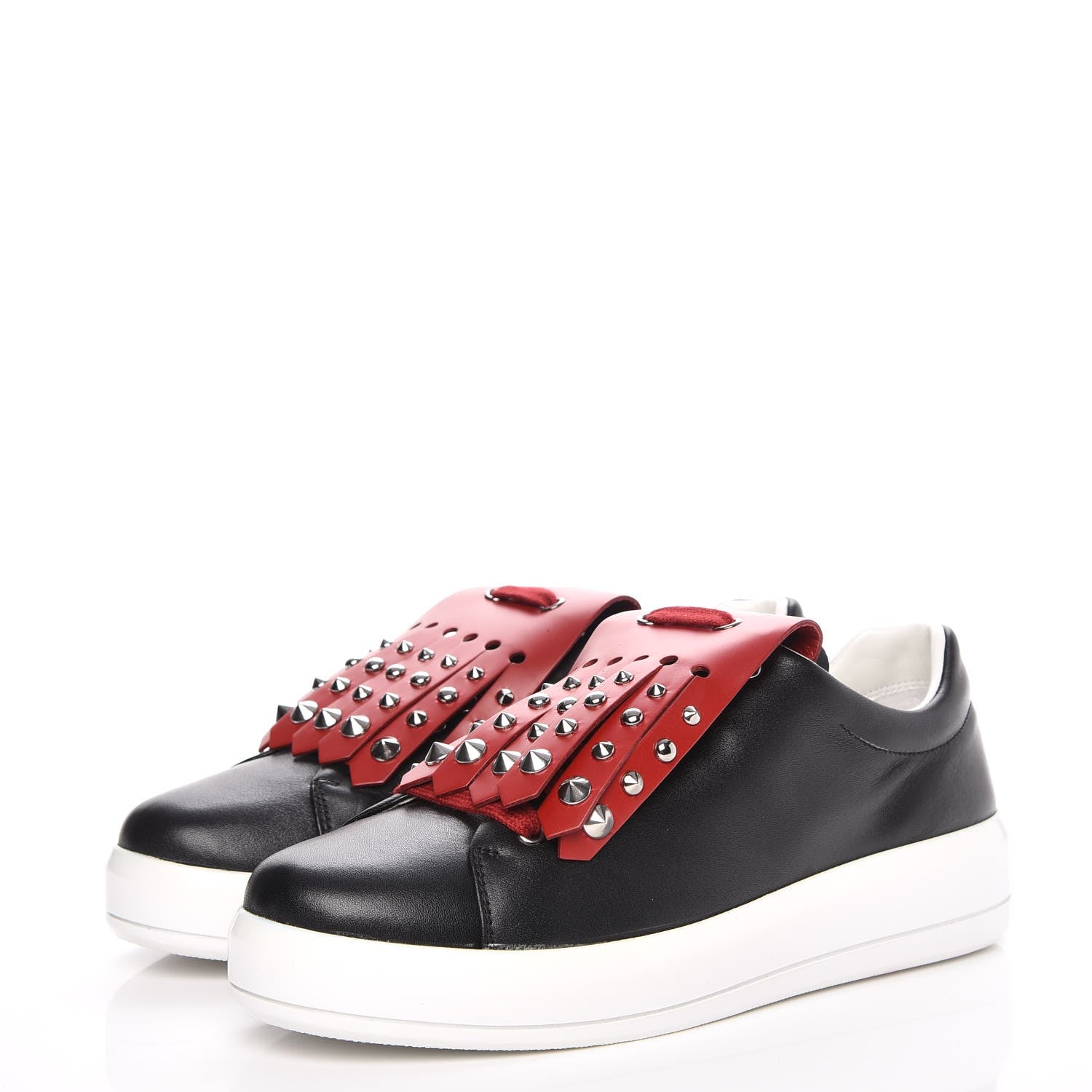 Prada Vitello Soft Studded Fringe Sneakers 37.5 Black Rosso 3 of 14