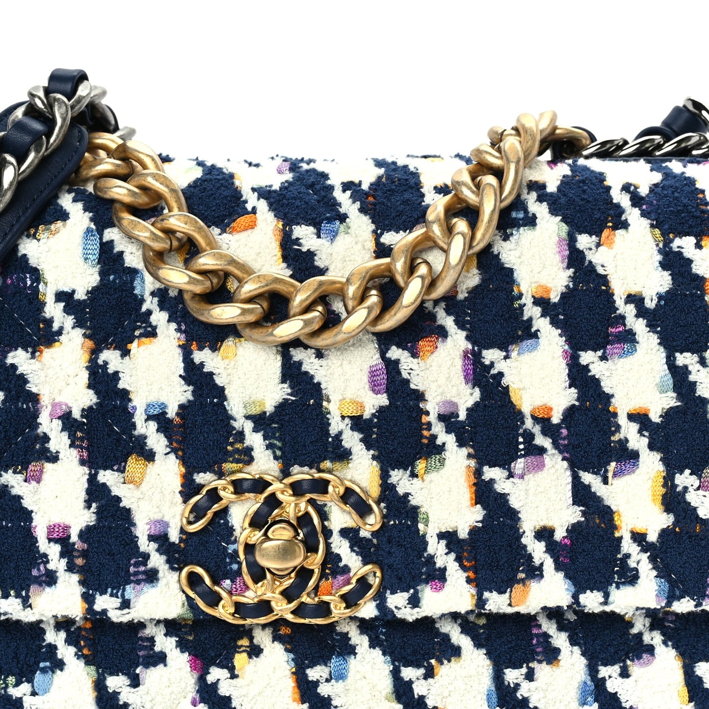 Tweed Quilted Medium 19 Flap Ecru Navy Blue Multicolor