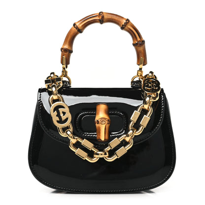 Gucci Patent Crystal Mini Bamboo 1947 Top Handle Chain Bag Black 1 of 11