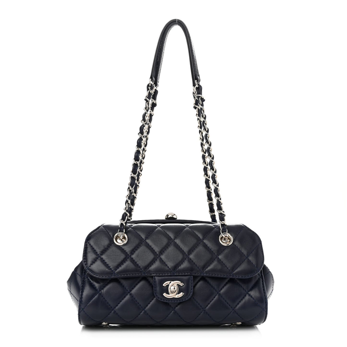 Calfskin Quilted Kisslock Frame Chain Bag Navy