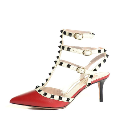 Valentino Garavani Nappa Rockstud Ankle Strap Low Heel Pumps 37 Red Ivory 1 of 7