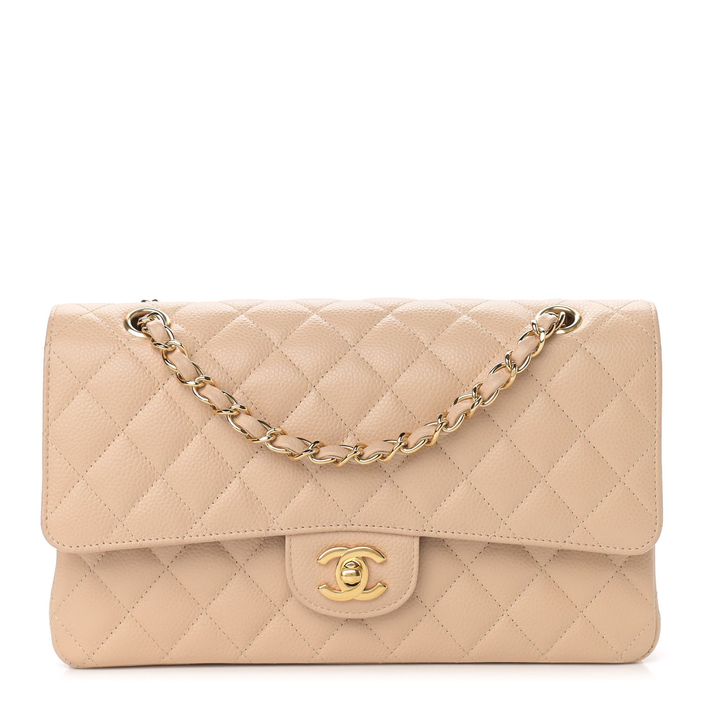 Caviar Quilted Medium Double Flap Beige