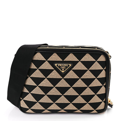 Prada Jacquard Saffiano Triangolo Symbole Embroidered Medium Shoulder Bag Black Corda 1 of 8