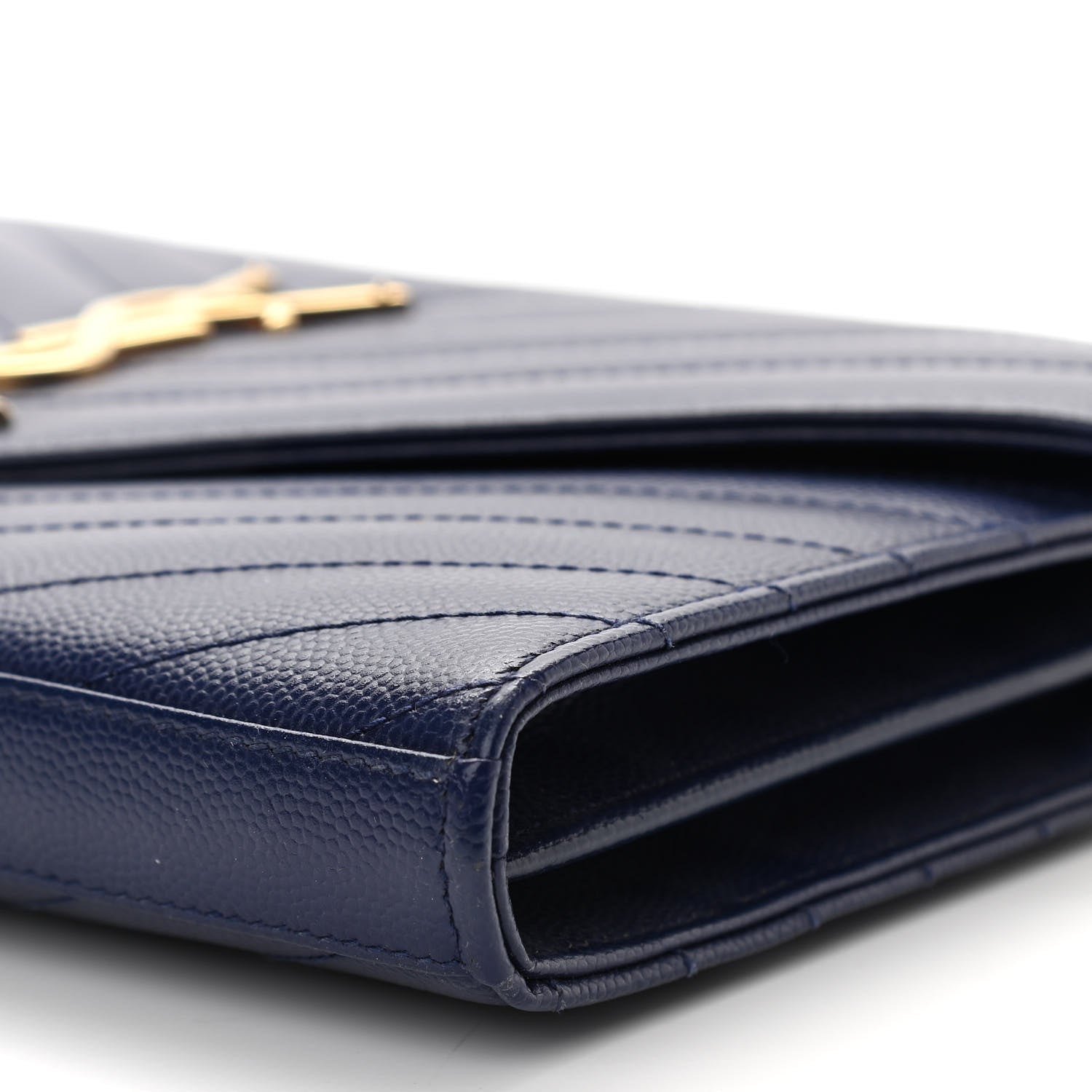 Saint Laurent Grain De Poudre Matelasse Chevron Monogram Chain Wallet Navy 10 of 11