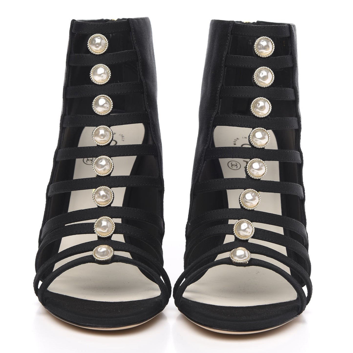 Grosgrain Pearl Open Toe Caged Ankle Boots 38 Black