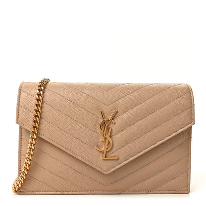 Saint Laurent Grain De Poudre Matelasse Chevron Monogram Envelope Chain Wallet  Dark Beige 1 of 8