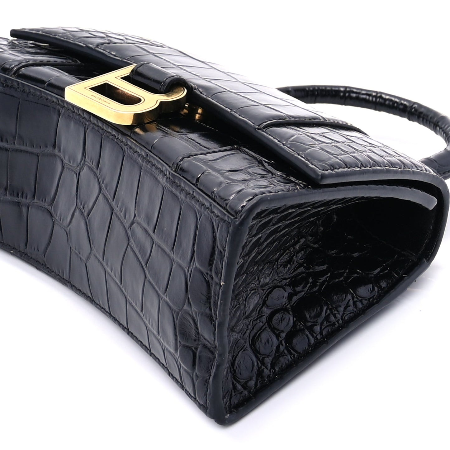 Shiny Calfskin Crocodile Embossed Hourglass Top Handle Bag XS  Black