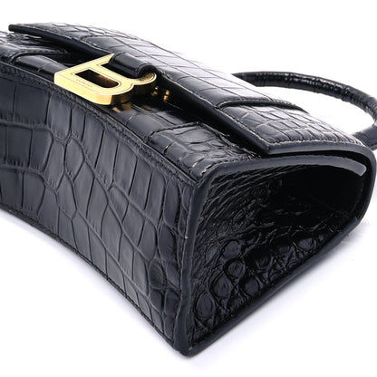 Balenciaga Shiny Calfskin Crocodile Embossed Hourglass Top Handle Bag XS  Black 8 of 8