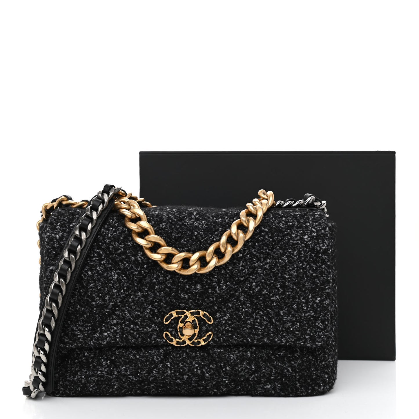 Tweed Quilted Large Chanel 19 Flap Black Grey