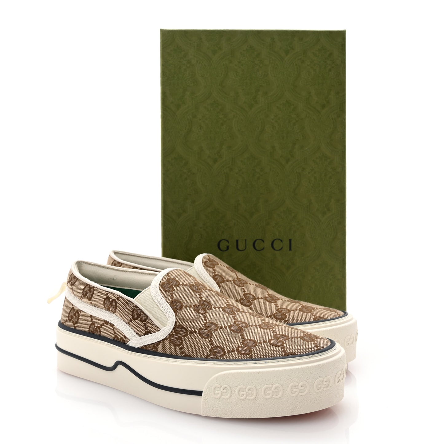 GG Monogram Womens 1977 Tennis Slip On 30mm Sneakers 36.5 Beige Ebony Mystic White