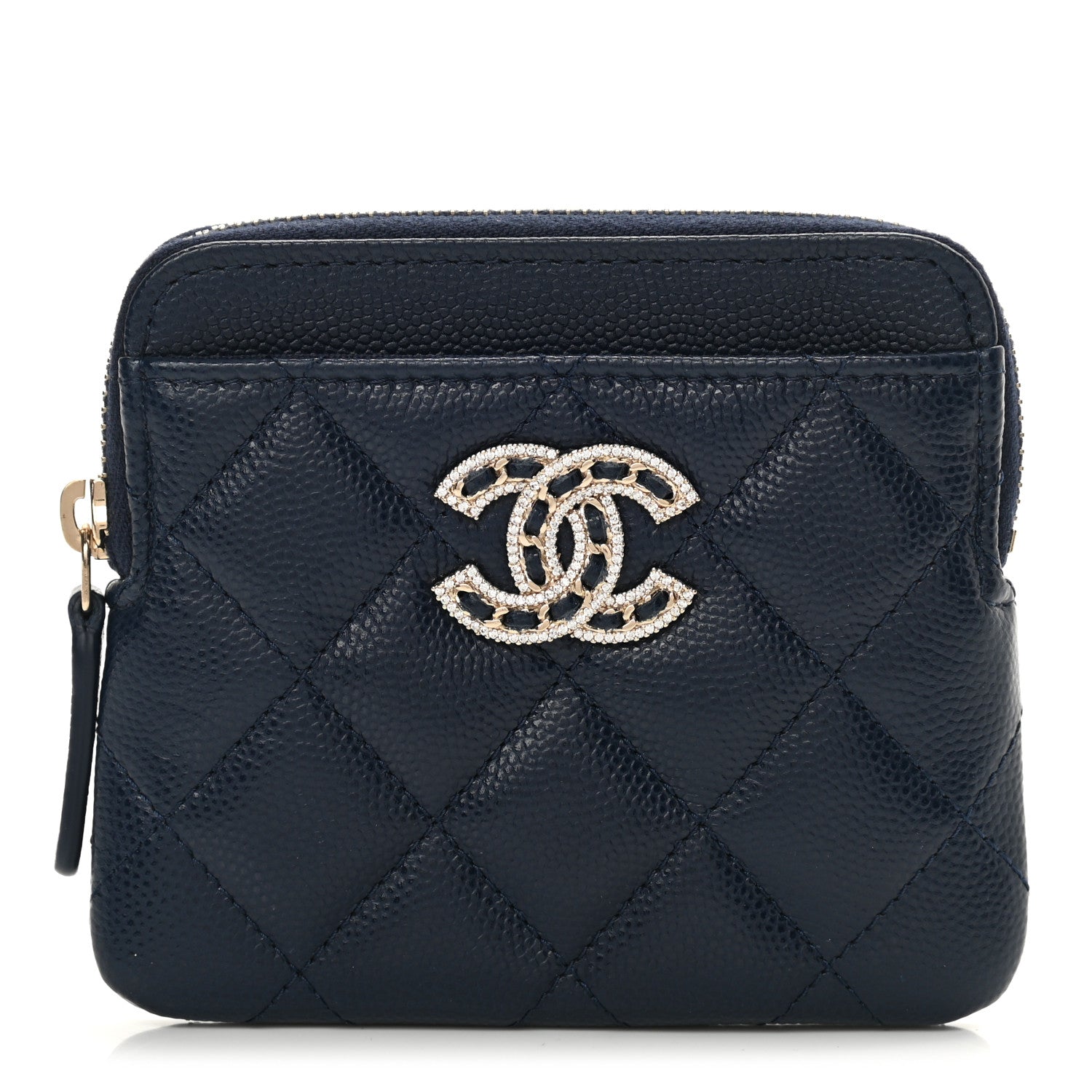 Chanel Caviar Quilted Crystal Zip Card Holder Wallet Navy 1 of 8