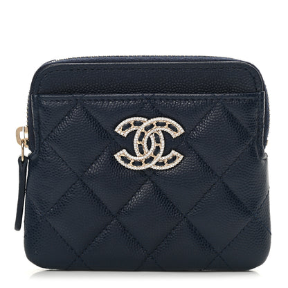 Chanel Caviar Quilted Crystal Zip Card Holder Wallet Navy 1 of 8