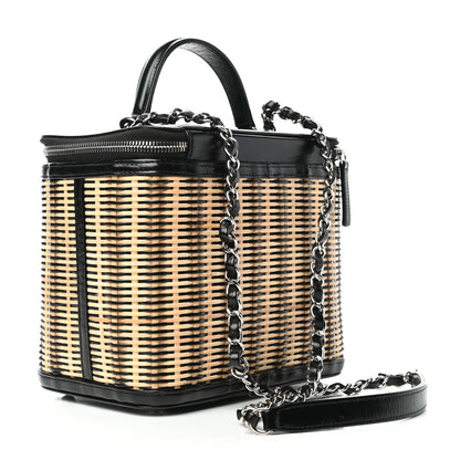 Chanel Glazed Calfskin Raffia Vanity Case Bag Black Beige 3 of 9