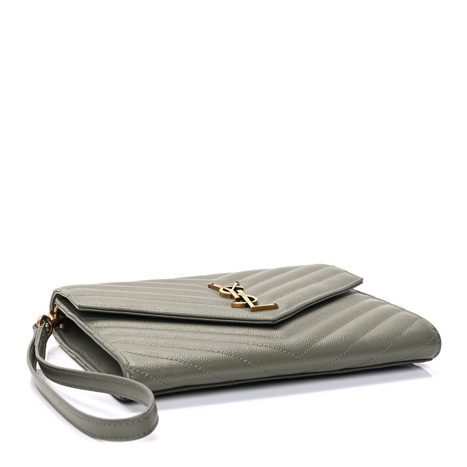 Saint Laurent Grain De Poudre Matelasse Chevron Monogram Envelope Clutch  Light Sage 4 of 7