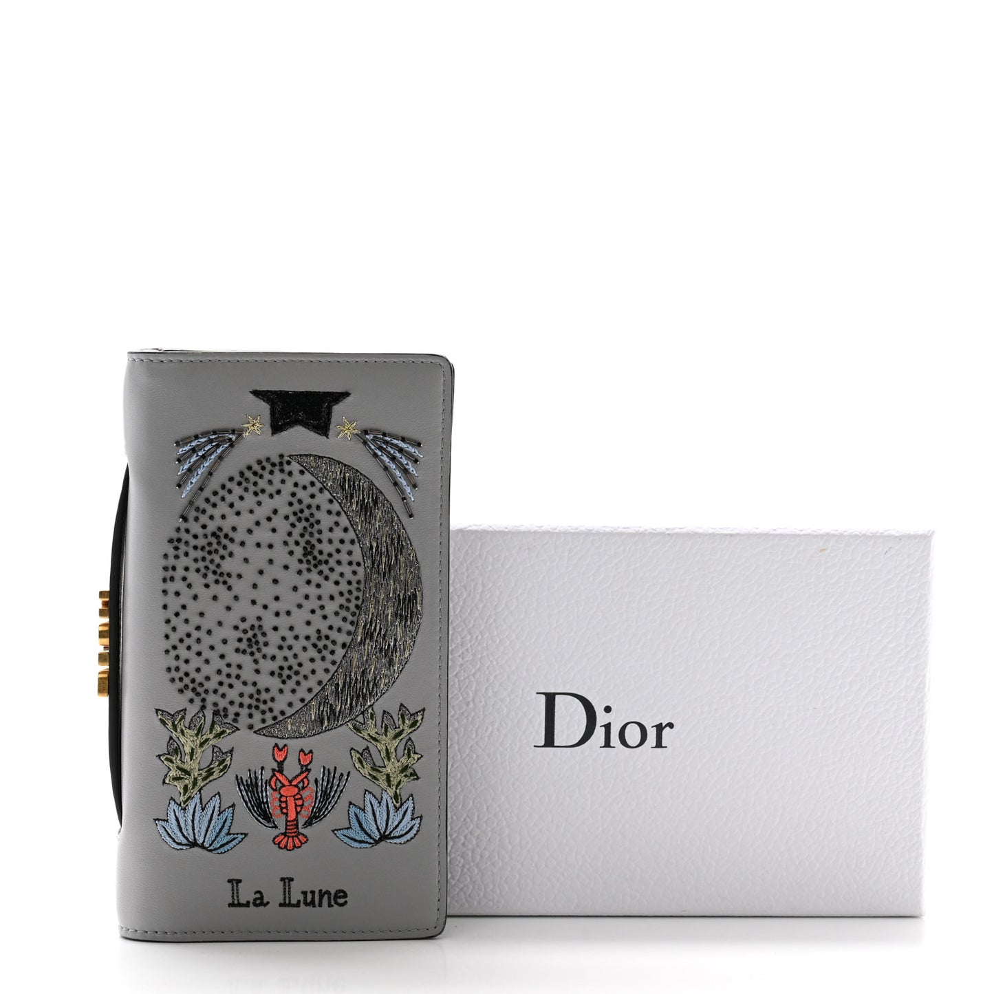 Lambskin Embroidered La Lune Tarot Pouch Clutch Grey