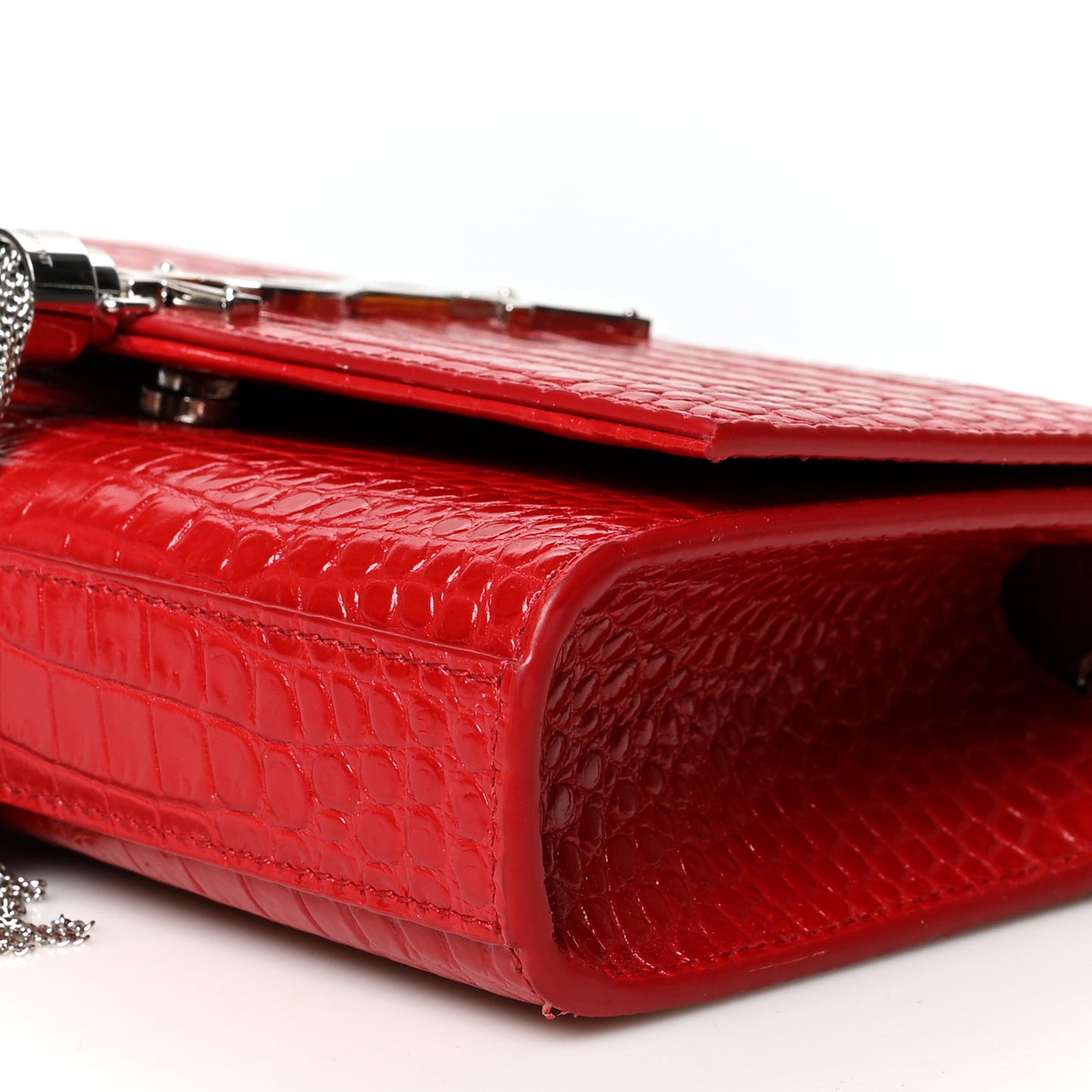 Calfskin Crocodile Embossed Medium Classic Monogram Kate Tassel Satchel Red
