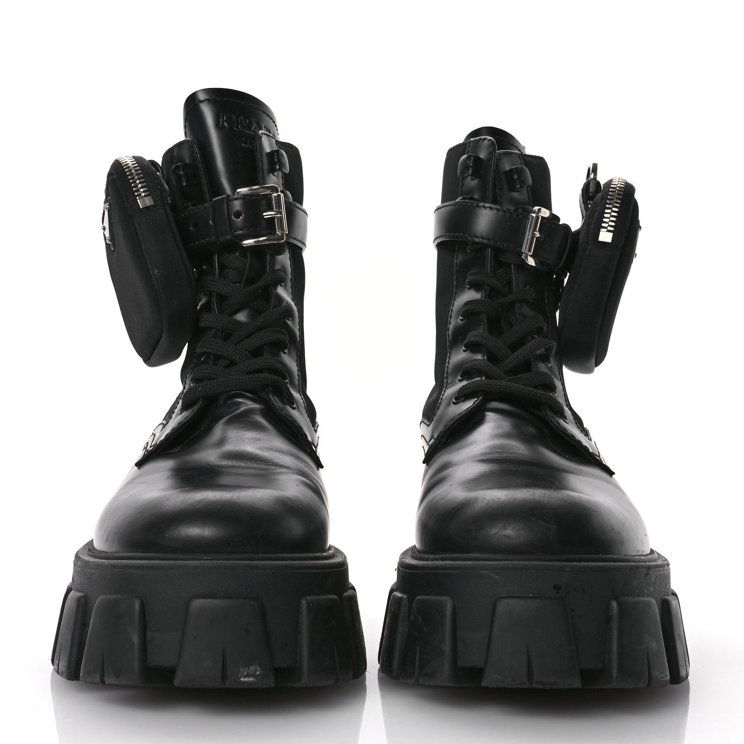 Prada Spazzolato Rois Nylon Metal Triangle Logo Monolith Pouch Pocket 55mm Boots 38.5 Black 3 of 7