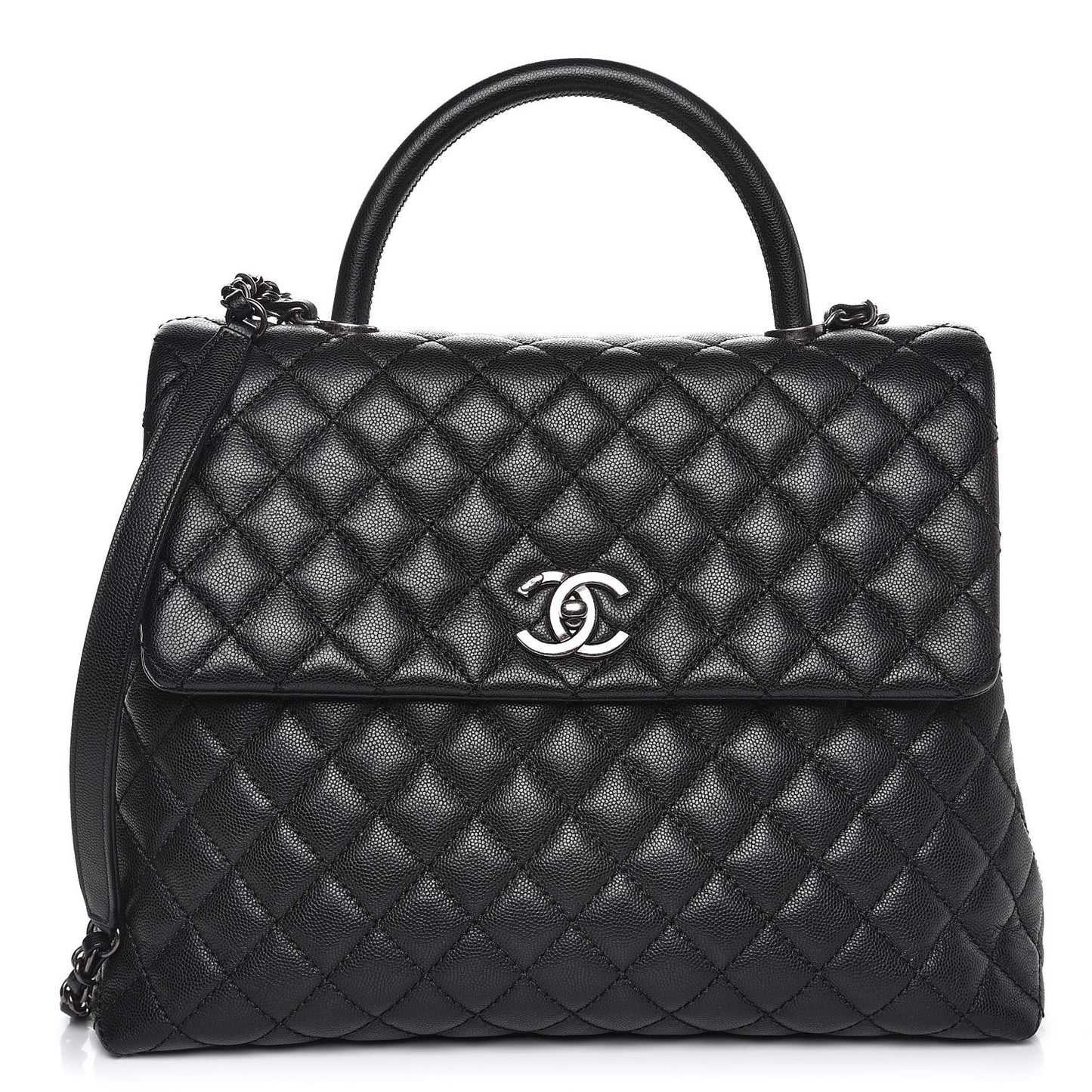 Caviar Quilted Large Coco Handle Flap Black