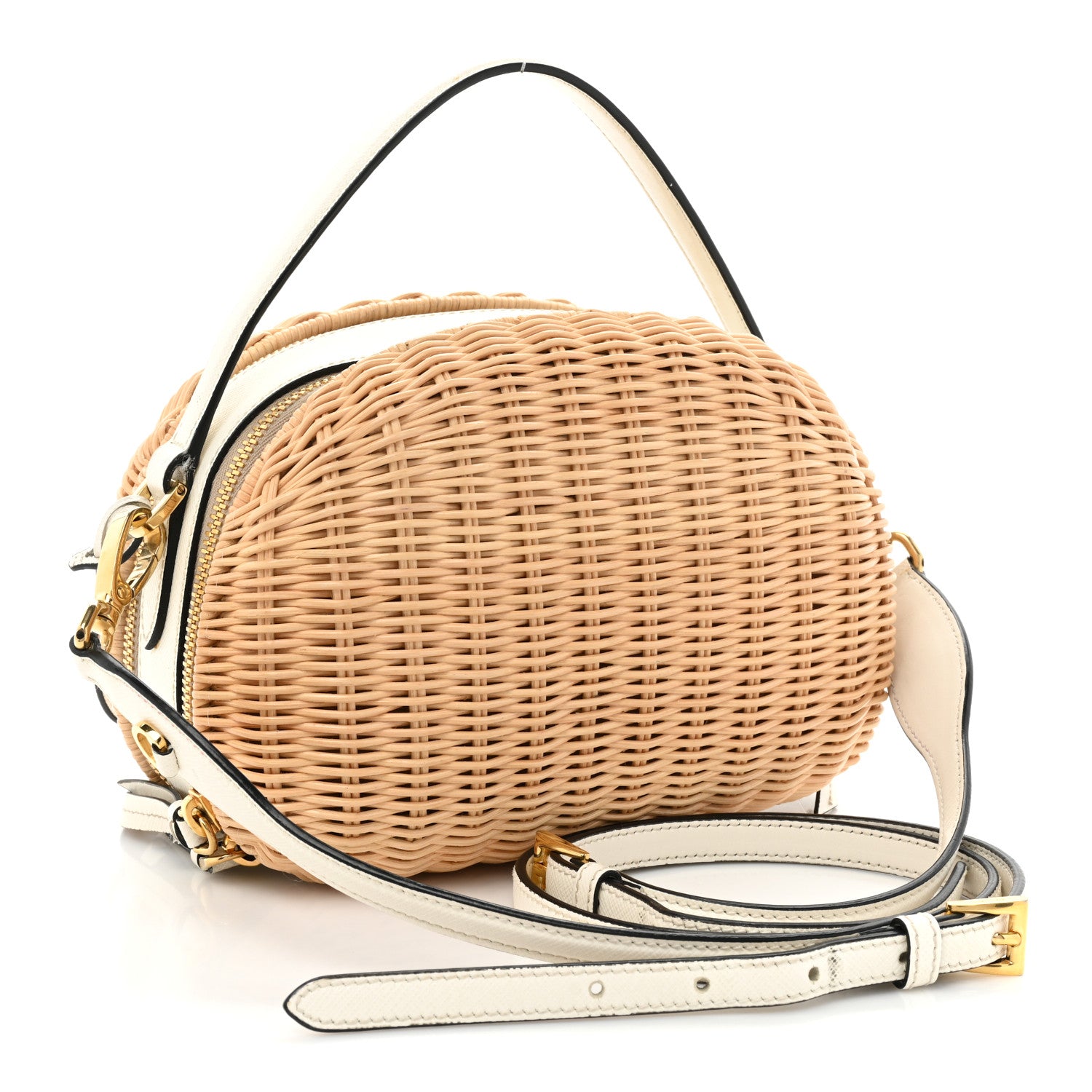 Prada Wicker Saffiano Midolino Odette Top Handle Bag Tan White 3 of 22