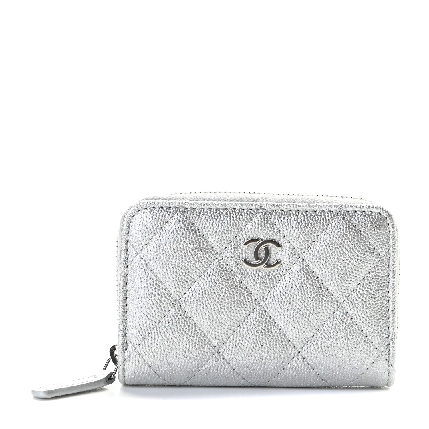 Chanel Glittered Metallic Caviar Quilted Zip Coin Purse Wallet Silver 1 of 8