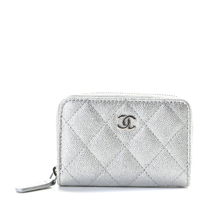 Chanel Glittered Metallic Caviar Quilted Zip Coin Purse Wallet Silver 1 of 8