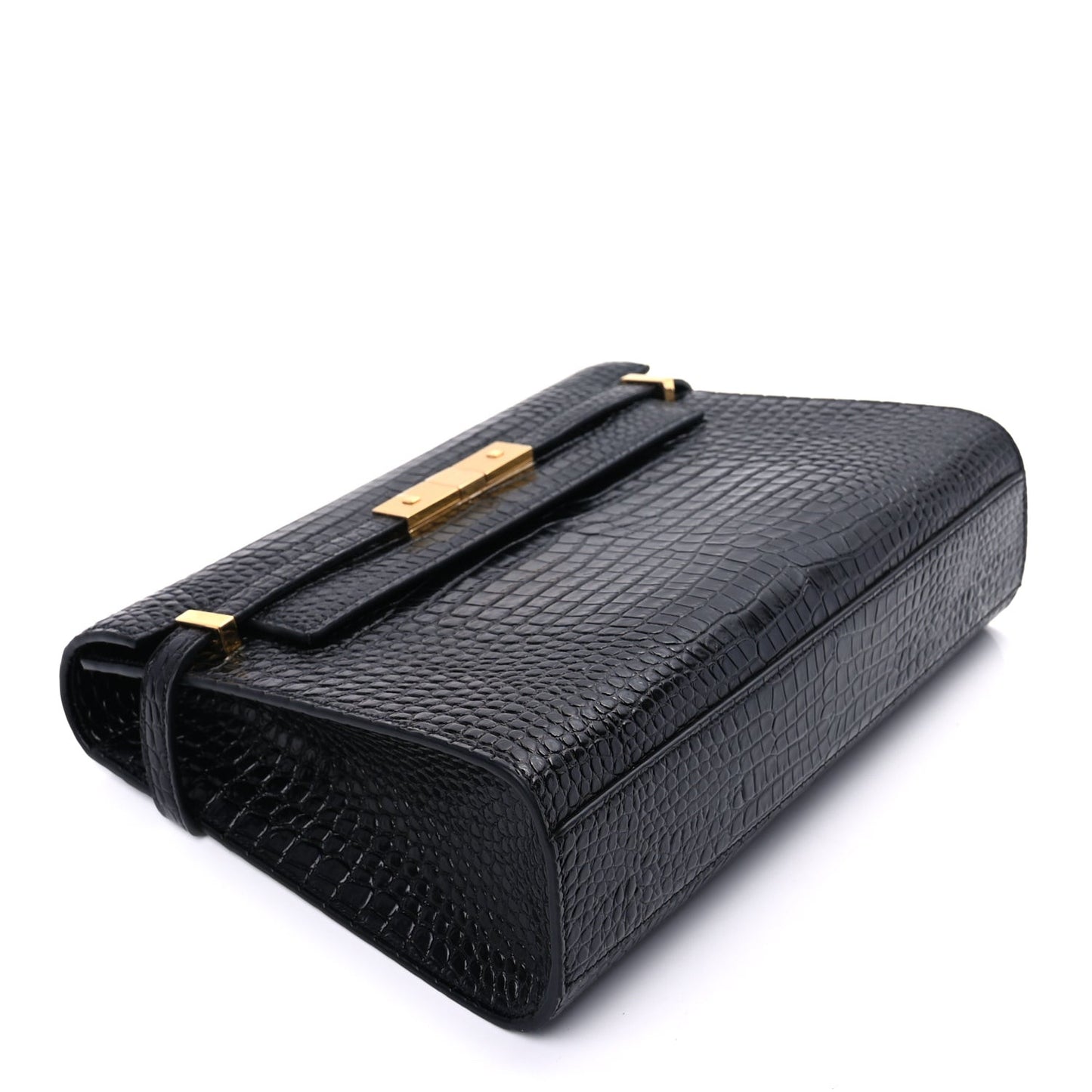 Shiny Calfskin Crocodile Embossed Manhattan Baguette Black Black