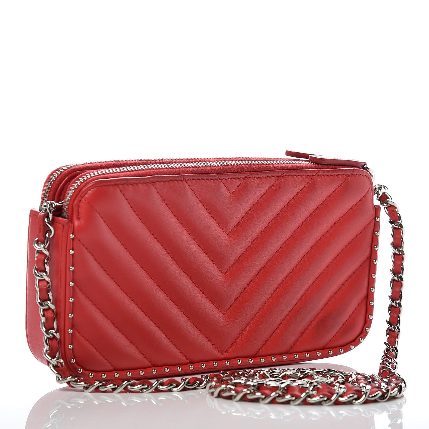 Lambskin Chevron Quilted Studded Small Clutch With Chain Red