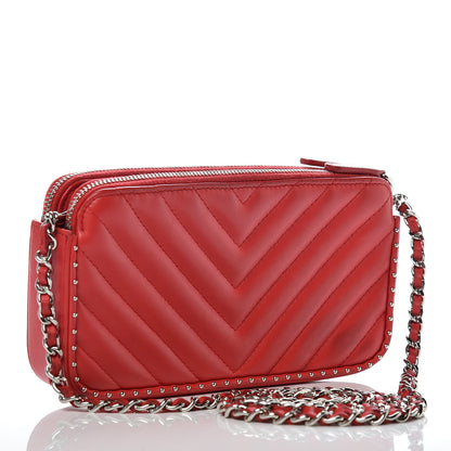 Chanel Lambskin Chevron Quilted Studded Small Clutch With Chain Red 3 of 16