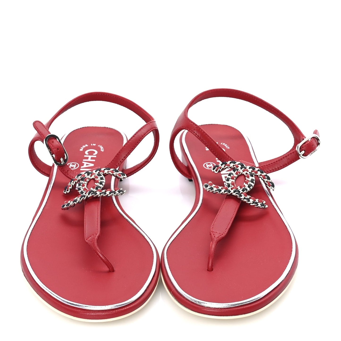 Lambskin CC Chain Thong Sandal 38 Red