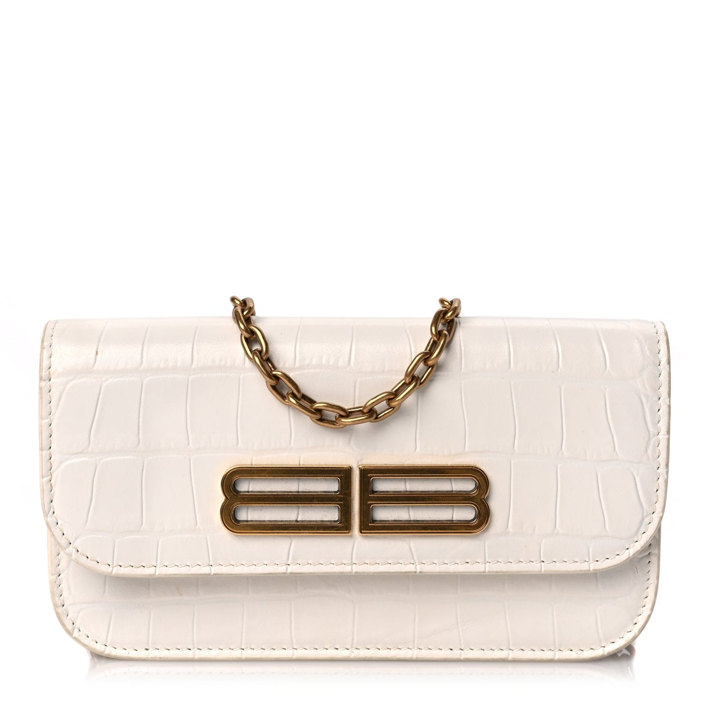 Extra Supple Calfskin Crocodile Embossed Gossip Wallet On Chain Optic White